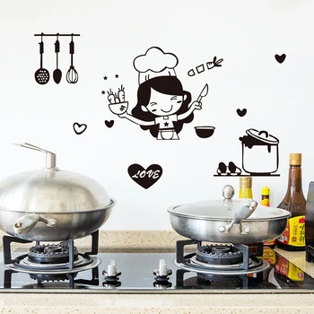 PVC Kız Seviyor Pişirmek için Baskı duvar çıkartmaları Mutfak Dekorasyon Ev Dekoratif Süsler Su Geçirmez Dıy Düz Duvar Sticker