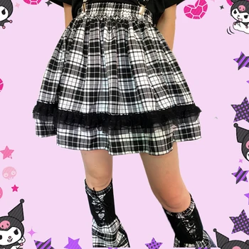 Siyah Beyaz Dantel Kore Moda Pilili Etekler Gotik Ekose Y2k Kız Mini Etek Harajuku Okul Bayan İmparatorluğu Midi Japon Kumaş