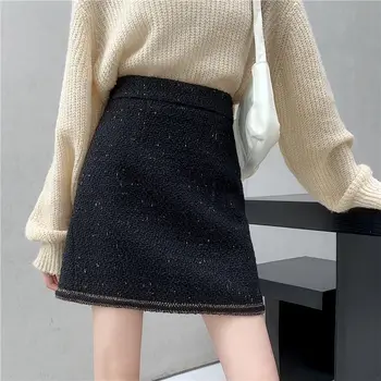 Siyah Tüvit Yün Etek Kadın Yüksek Belli Sonbahar Kış Kısa Mini Ganimet Etekler Y2K Patenci Elbise Harajuku Faldas