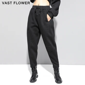 Siyah Yüksek Bel harem pantolon Kadınlar Yeni Cep Kalınlaşmak Gevşek Rahat Artı Boyutu Bayanlar Pantolon Moda Giyim 2020 Sonbahar Kış