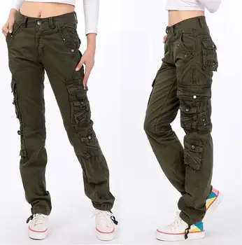 Sıcak Yeni Stil Rahat kadın pantolonları Çok Cep Çift Artı Boyutu Açık Pamuk Tulum Düz Askeri