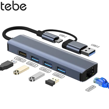 Tebe USB-A + USB-C Hub Adaptörü Tip-C Gigabit RJ45 Ethernet USB 3.0 Splitter için Macbook iPad Samsung Xiaomi 5-Port USB Hub