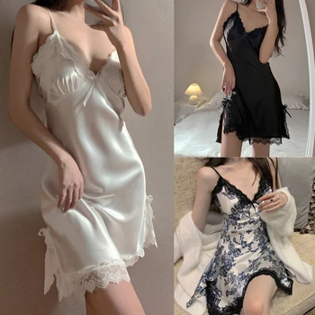Vintage Nightgowns Seksi Dantel İpek İç Çamaşırı gece elbisesi Kadın Pijama İç Çamaşırı Küçük Göğüs Jartiyer Gecelik Dropshipping