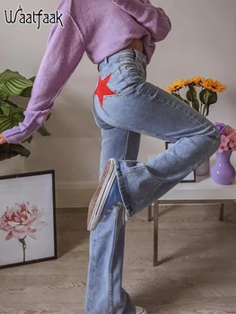 Waatfaak Mavi Denim Skinny Jeans Kadın Yüksek Bel Cep Yıldız Patchwork Kot Vintage 90S Estetik Kargo pantolon Düz Bacak