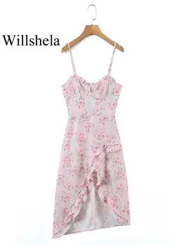 Willshela Kadın Moda Baskı Asimetrik Mini Elbise Vintage İnce Sapanlar V Yaka Geri Fermuar Kadın Şık kadın elbiseleri