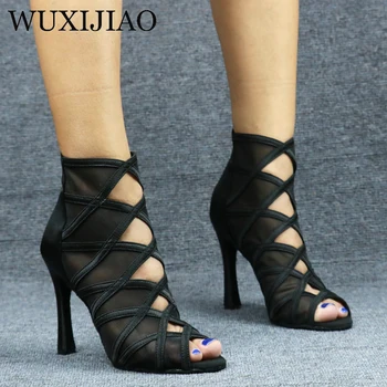 WUXIJIAO Bayanlar siyah örgü süet moda çapraz kayış seksi yüksek topuklu sandalet rahat latin dans ayakkabıları salsa ayakkabı