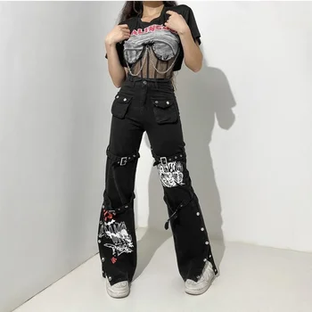 Y2K Kot Vintage Gotik Denim Pantolon Kadın Jean Cep Patchwork Metal Toka düz Pantolon Kadın Rahat Siyah dökümlü pantolon