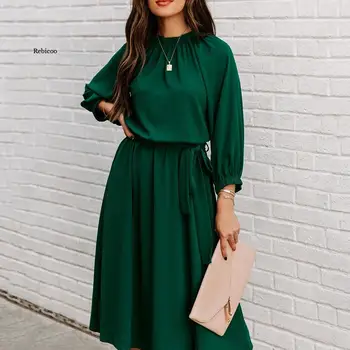 Yaz Yeşil Moda Lace Up Elbise kadın O Boyun Zarif Bayanlar Yarım Kollu Büyük Salıncak Parti Elbiseler 2022 Bahar Elbise