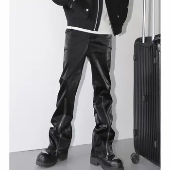 Yeni 2023 Sonbahar kış streetwear Metalik y2k Suni deri pantolon Unisex Moda Kargo Geniş Bacak Pantolon pantalon homme