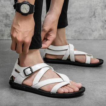Yeni Yaz erkek Plaj Deri Tasarımcı Terlik kaymaz Katır Lüks Roma Gladyatör Sandalet erkek ayakkabısı Adam Rahat Flip Flop