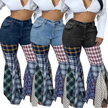 Yüksek Belli Ekose Baskı Flare Kot Kadınlar için 2023 Rahat Çan Alt Patchwork Fermuar Sıkı Kot Pantolon Uzun Tayt