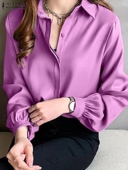 ZANZEA Sonbahar Yaka Boyun Düğmeler Aşağı Bluz Casual Gevşek OL Çalışma Blusas Parti Tunik Üstleri Zarif Kadın Uzun Kollu Katı Gömlek