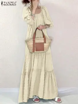 Zarif Katı Fırfır Elbise Kadın Yaz Sundress ZANZEA 2022 Rahat Puf Kollu Maxi Vestidos Kadın Kare Boyun Robe Femme