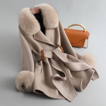 ZDFURS High-End Tilki Kürk Yaka Çift Yüzlü Yün Kaşmir Palto kadın Orta Uzunlukta Moda Yeni Yün Ceket dantel-up
