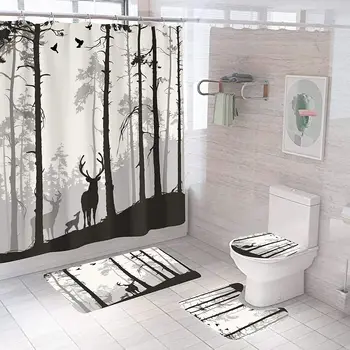 Çam Ormanı Geyik Kuş Baskı Duş perde seti Halı Kapak Tuvalet Kapağı Banyo Paspas minder örtüsü Banyo Perdesi Ev