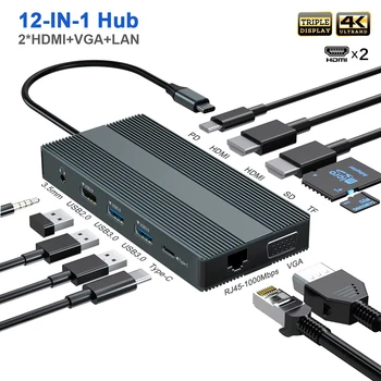 Çift Monitör USB C Hub Üçlü Ekran Yerleştirme İstasyonu ile 2 HDMI VGA Gigabit Ethernet Tip-C PD SD/TF 3.5 mm macbook adaptörü