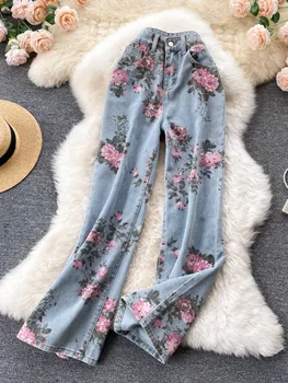 Çiçekler Baskı Kot Kadın Vintage Yüksek Bel Kot uzun pantolon 2021 Moda Sonbahar Rahat Geniş Bacak Tam Boy Kot Pantolon