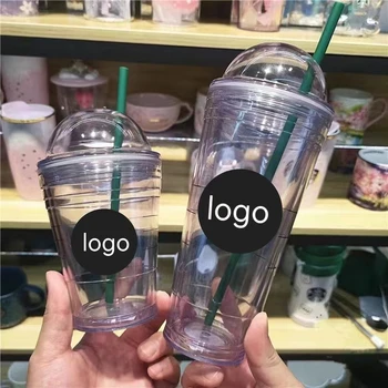 Şeffaf çift katmanlı logo ile plastik kahve fincanı 16OZ uygun fincan taşınabilir saman bardak meyve suyu fincanı su bardağı hediye