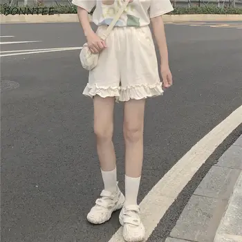 Şort Kadın Geniş Bacak Ruffles Gevşek Tatlı Japon Tarzı Elastik Yüksek Bel Rahat Tiki Öğrenci Kız Sevimli Tüm Maç Yaz