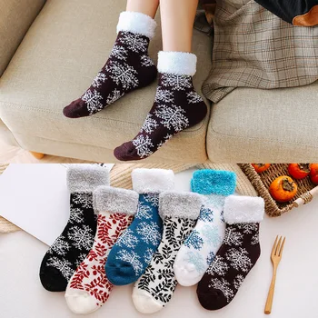 1 adet Kış Noel Çorap Kabartmak Kalınlaşmış Polar Sıcak Tutmak Orta Tüp Çorap Kar Tanesi Baskı Yün kaymaz Sevimli Çorap