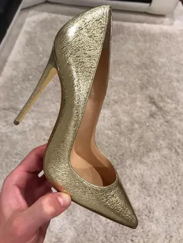 12 cm Topuklu Kadın Pompaları Ayakkabı Sivri Burun Altın Ince Yüksek Topuklu Seksi Düğün Parti resmi ayakkabı Kadın Büyük Boy 45
