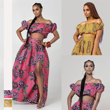 2021 Yaz Afrika Elbiseler Kadınlar için Çiçek Baskı Dashiki Bazin Bayan Giyim Seksi Omuz Kapalı Elbise Africaine Bohemia Etek