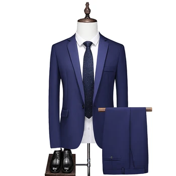 2022 Lüks 2 Parça Klasik erkek Moda Slim Fit Katı İş günlük giysi Takım Elbise Artı Boyutu erkek Düğün Takım Elbise (Blazer + Pantolon)