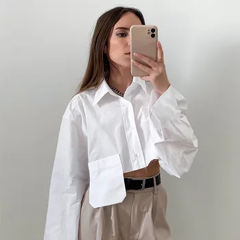 2022 Yaz Şık Bayan Kısa Gömlek Asimetrik Tarzı Cep Turn Down Tam Kollu Tek göğüslü Moda Kadın Gömlek Dış Giyim
