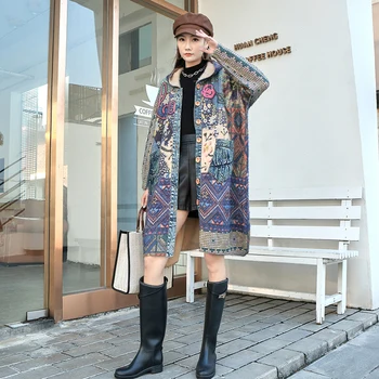 221038 Avrupa Sonbahar Kış 2022 Yeni Kore Moda Patchwork Denim Örme Streetwear Kapşonlu Hırka Trençkot Kadın