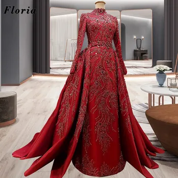 3 Tasarımlar Orta Doğu Uzun Kollu Abiye Kırmızı Boncuk Sequins Ünlü Pageant Törenlerinde Couture Parti Gece 2023 Elbiseler