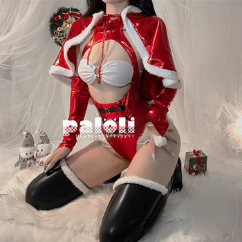 4 ADET Seksi Noel Cosplay Kostümleri Açık Göğüs Kıyafet Santa Günaha Backless Bodysuit Seksi İç Çamaşırı Kış Kırmızı Seti Üniforma