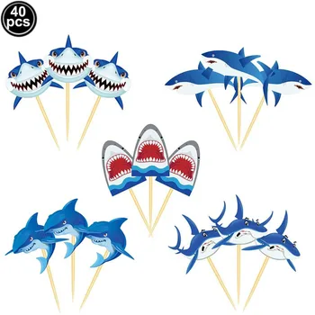 40 adet Sevimli küçük Köpekbalığı Kek Topper Bebek Duş Köpekbalığı Doğum Günü Pastası Dekor Köpekbalığı Tema Parti Malzemeleri Çocuklar Doğum Günü Partisi Kaynağı