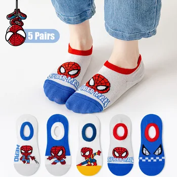5 Çift / grup Karikatür Örgü Nefes Marvel Örümcek Adam Çocuk Çorap Pamuk Yaz çocuk çorap Bebek erkek kısa çorap 1-12 yıl