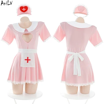 AnıLV Saf Kız Sevimli Pembe Hemşire Hizmetçi Elbise Unifrom Kadınlar Aşk Hollow Gecelik Kıyafetler Kostümleri Cosplay