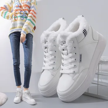 Beyaz Kore Tarzı Kadın Kış Dantel Kadar Yüksek Üst Rahat Kalın Alt Pamuk Ayakkabı Polar Spor Ayakkabı Moda Koşu Ayakkabıları