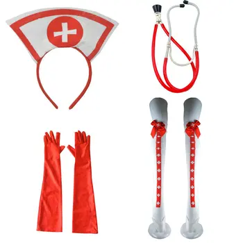 Cadılar Bayramı Kostümü Hemşire Kostümü Sahne Doktor Başlık Eldiven Çorap Stetoskop 4 Parça Set