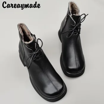 Careaymade-Hakiki deri bayan botları kadın kalın orta topuk saf yarım çizmeler İlkbahar & Kış orijinal tek ayakkabı sıcak çizmeler