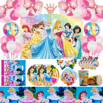 Disney Prenses Çocuk Kız Mutlu Doğum Günü Partisi Dekorasyon Parti Malzemeleri kağıt tabak afiş kupa Saman Balon Seti