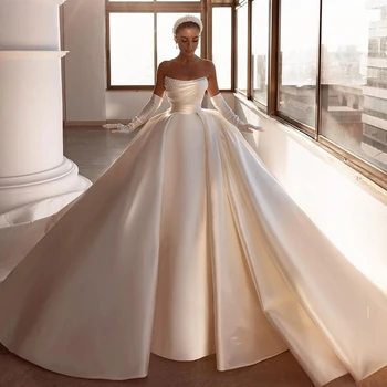 Eightree Zarif Gelinlik 2021 İnciler Modern Gelin Plaj Boho Elbise Sweep Tren A-Line Saten Düğün Balo Artı Boyutu