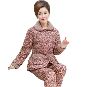 Ekose Pijama Kadın Kış Sıcak Takım Elbise Mercan Polar Üç Katmanlı Kapitone Orta Yaşlı Anne Kalınlaşmak Fanila Sıcak Ceket Ev Hizmeti