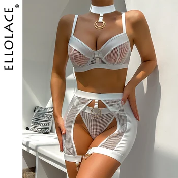 Ellolace Güzel İç Çamaşırı Seksi Fantezi İç Çamaşırı Sansürsüz Örgü Şeffaf Sütyen Thongs Jartiyer Lüks Egzotik Setleri 4 Parça Kıyafet