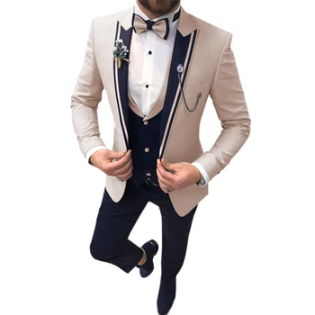 Erkek 3 Parça Takım Elbise Bej Haki Yaka Slim Fit Resmi Düğün Groomsmen Smokin Giyim Blazer + Yelek + Pantolon (Kravat) 2021