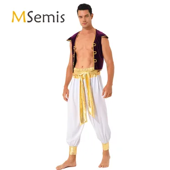 Erkek Arap Prens Lamba Kostüm Cap Sleeve Yelek Yelek Kuşaklı Bloomers Pantolon Cadılar Bayramı Karnaval Cosplay Kıyafetler