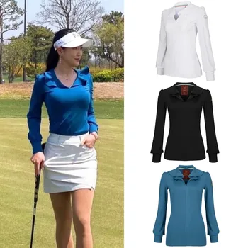 Golf gömlek ilkbahar / yaz ince uzun kollu bayan moda düzensiz dalga büyük yaka uzun kollu