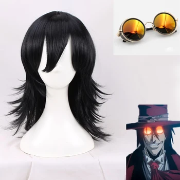 HELLSİNG Alucard Siyah kostümlü oyun saç peruk Çünkü Gözlük Güneş Gözlüğü Cadılar Bayramı Karnaval Parti Peruk + Peruk Kap