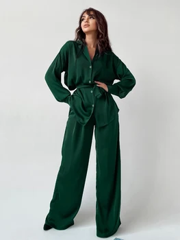 Hiloc Yeşil Saten Pijama Kadın Pijama Geniş Bacak Pantolon Setleri Bayan Kıyafetler Uzun Kollu kadın Kış Giysileri Moda