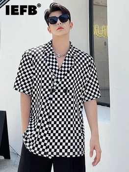 IEFB Sonbahar Yaz Kısa Kollu Gömlek Kore Moda Dama Tahtası Kruvaze Nefes 2023 Yeni Moda Lüks 9A3954