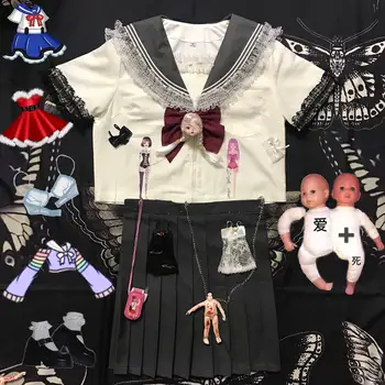 Japon Harajuku Gotik Koyu Kanlı Bebek Aplikler JK Takım Denizci Yaka Dantel Tiki Tarzı Sıcak Kızlar Punk Etek Seti Yaz