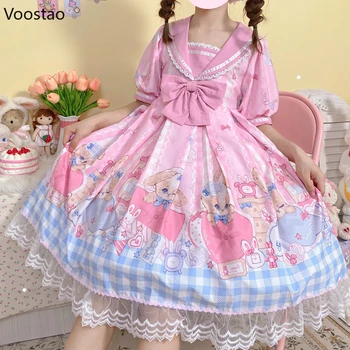 Japon Kawaii Lolita Prenses Elbise Kız Tatlı Tavşan Kulaklar Denizci Yaka İyi Gece Tavşan Parti Elbiseler Kadın Kawaii Vestidos