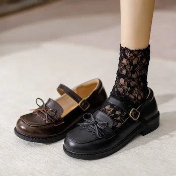 Japon Kore Versiyonu Kahverengi İnek Derisi Retro Nostaljik Yay Mary Jane Ayakkabı Siyah Deri Düz Kadın Ayakkabı Prenses Öğrenci Ayakkabı